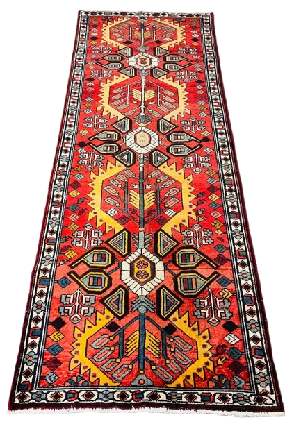 Origin "Bakhtiyar" Hand Knotted Sheep Wool Persian Rug Vegetable Dyes Geometric Pattern 9'10" X 3'5"