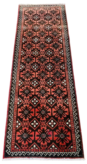 599698263_884481091188031_4370394766026212603_n-removebg-preview Origin "Baluch" Hand Knotted Persian Rug with Repetitive Geometric Pattern 6'2" X 2'3"
