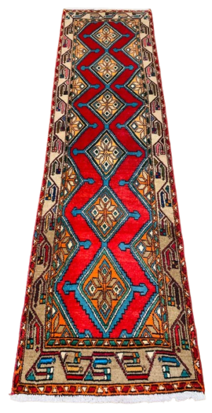 Origin "Hamedan" Hand Knotted Sheep Wool Persian Rug with Geometric Pattern 9'4" X 2'6"